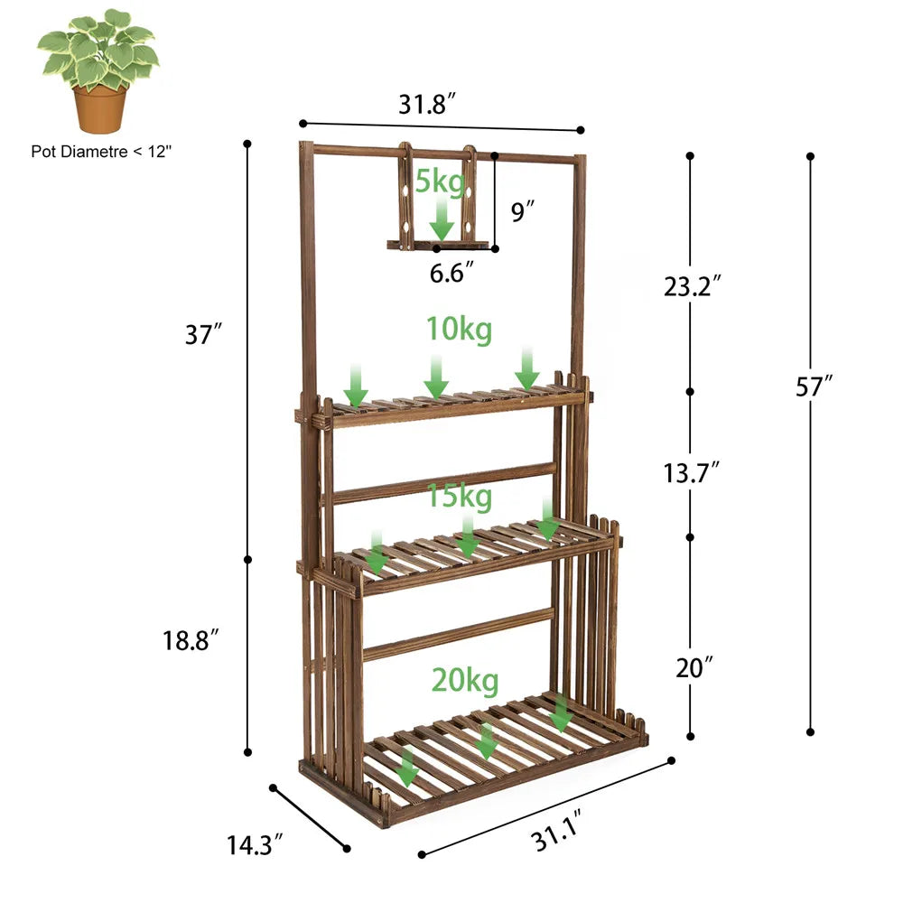 3 Tier Hanging Wood Plant Stand Planter Shelves Flower Pot Organizer Rack Multiple Display Holder Shelf Indoor Outdoor
