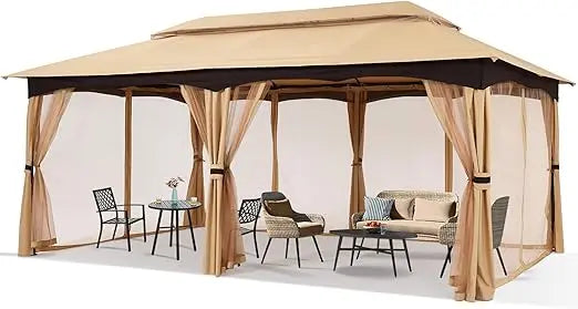 Outdoor Gazebo With Steel Frame And Netting Walls Beige