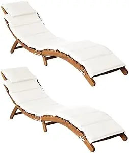 Sun Loungers with Cushions Modern Style Cream White Solid Acacia Hardwood Foldable and Portable Ideal for Garden Outdoor Use