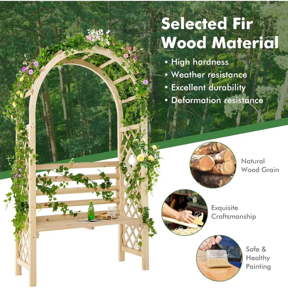 81 Inch Garden Arch with 2 Person Bench Wooden Arbor Trellis for Climbing Plants Outdoor Wedding Arch Patio Decor
