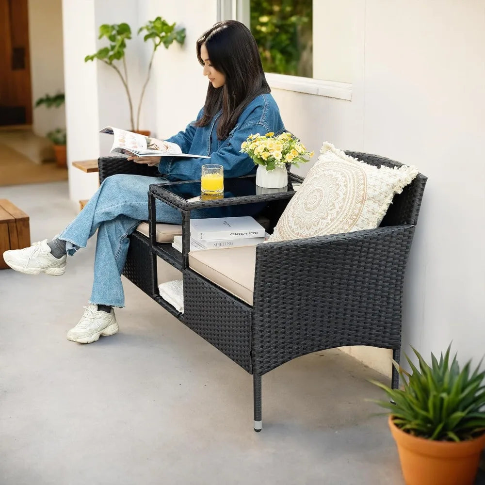 Outdoor Furniture Patio Loveseat Wicker 2 Seat with Built in Table and Cushions Rattan Porch Chairs Bench for Balcony Lawn Backyard Beige