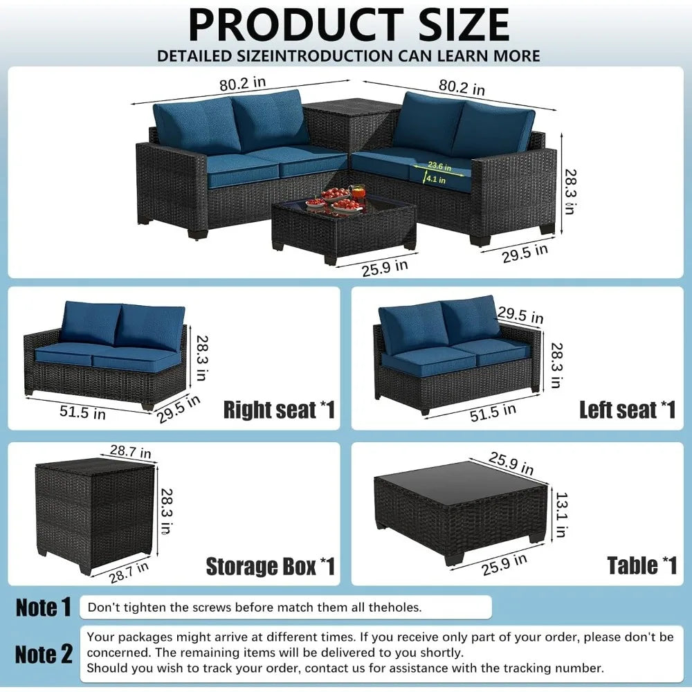 Patio Furniture Set 4 Piece Rattan With Glass Table Storage