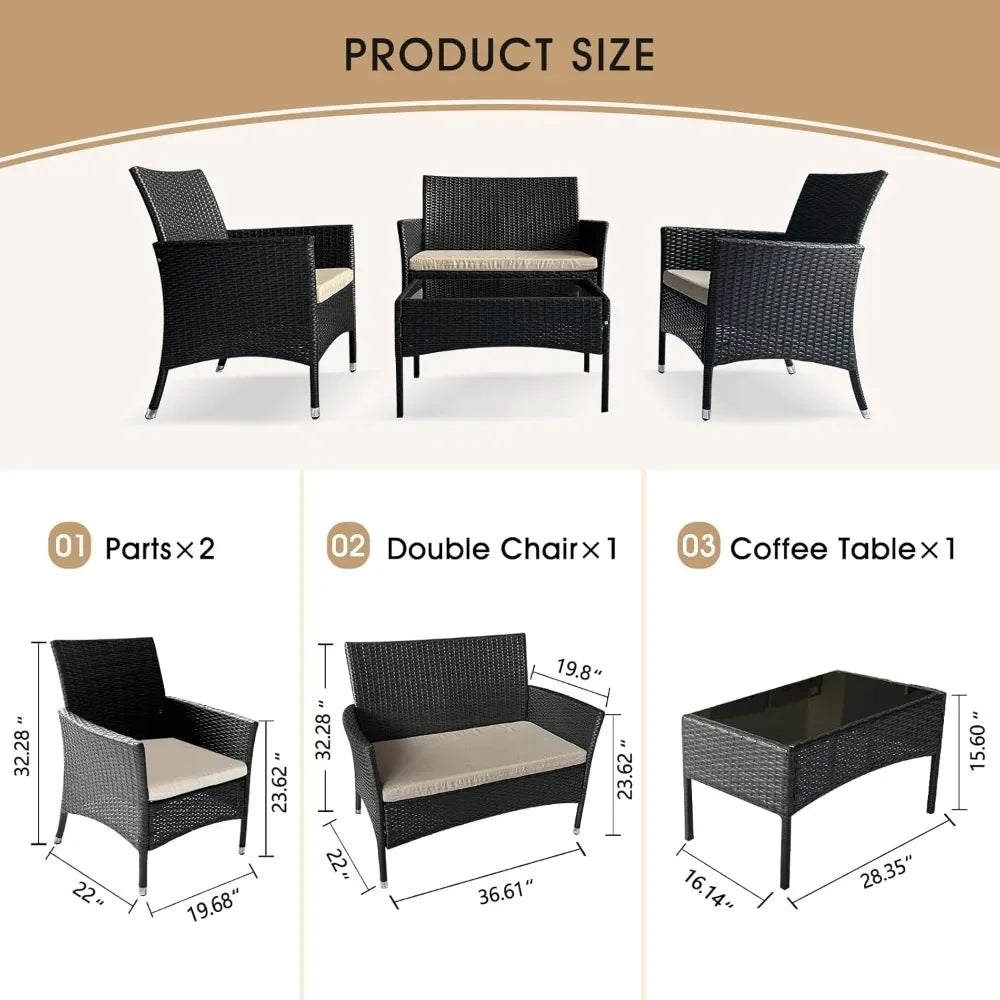 4 Piece Modern Patio Furniture Set Wicker Sofa Loveseat Armrest Chair and Rattan Side Table