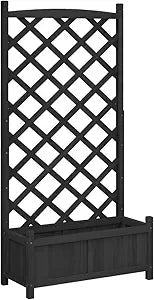 VidaXL Raised Flower Box with Trellis Black Solid Fir Wood Outdoor Planter for Garden Patio Balcony Spacious Rectangular Garden Container