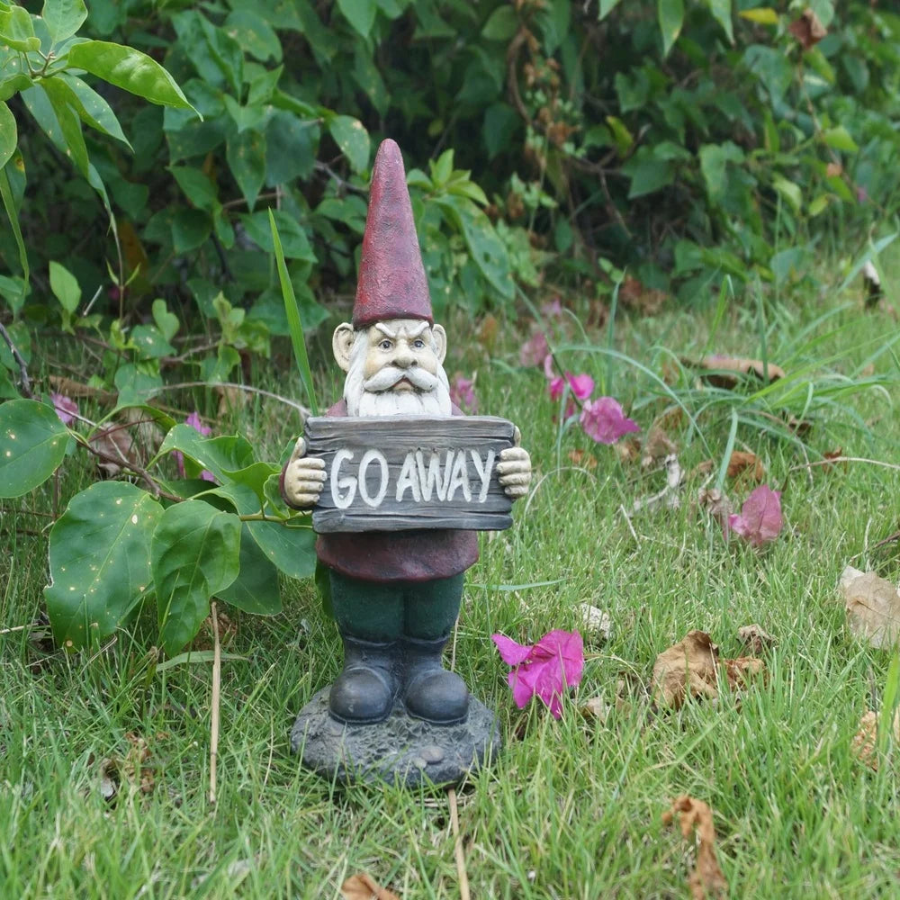 Gnome Statue Holding Go Away Sign Polyresin Garden Decor