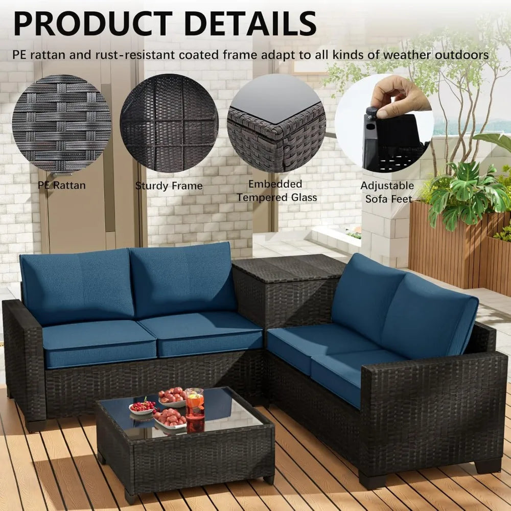 Patio Furniture Set 4 Piece Rattan With Glass Table Storage
