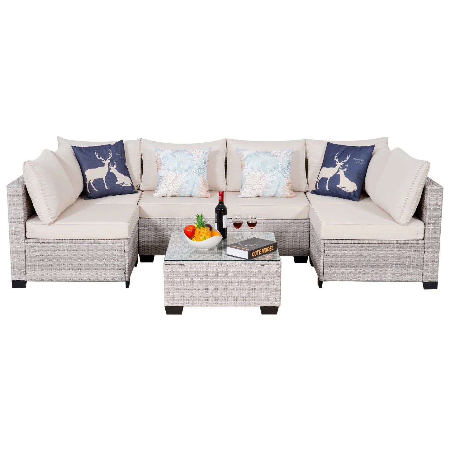 Naga Bahna 7 Piece Outdoor Patio Furniture Sectional Sofa PE Rattan Wicker Conversation Set with Thick Cushions