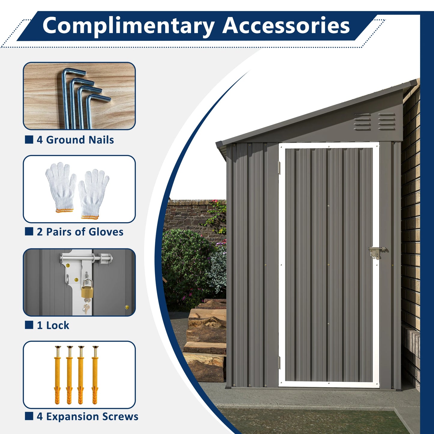 LZBEITEM 4 Feet x 8 Feet Metal Wall Side Storage Shed Outdoor Garden Storage Cabinet Grey