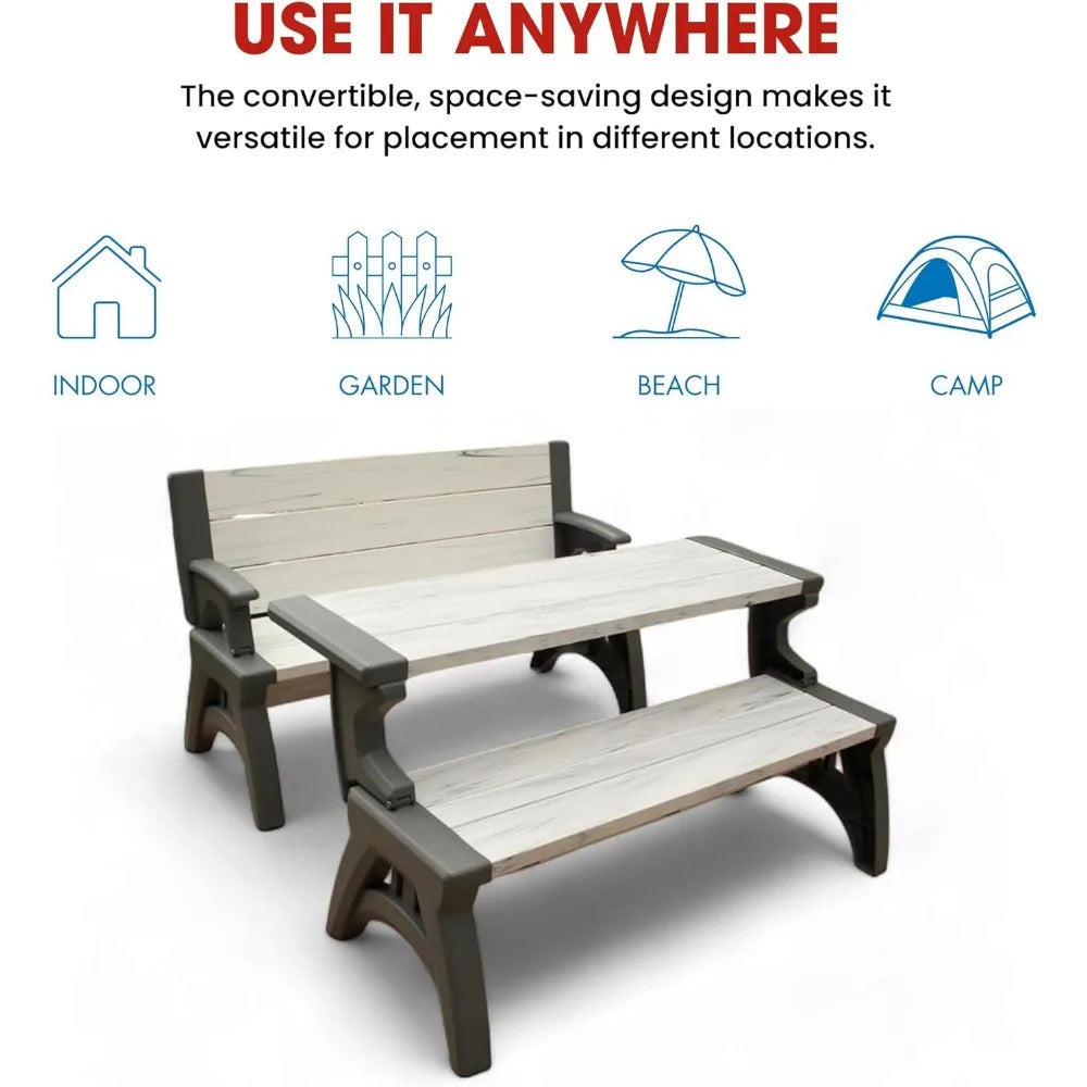 2 in 1 Outdoor Bench and Picnic Table Foldable Weather Resistant Seating for Patio Lawn Garden or Deck Durable Vinyl Construction