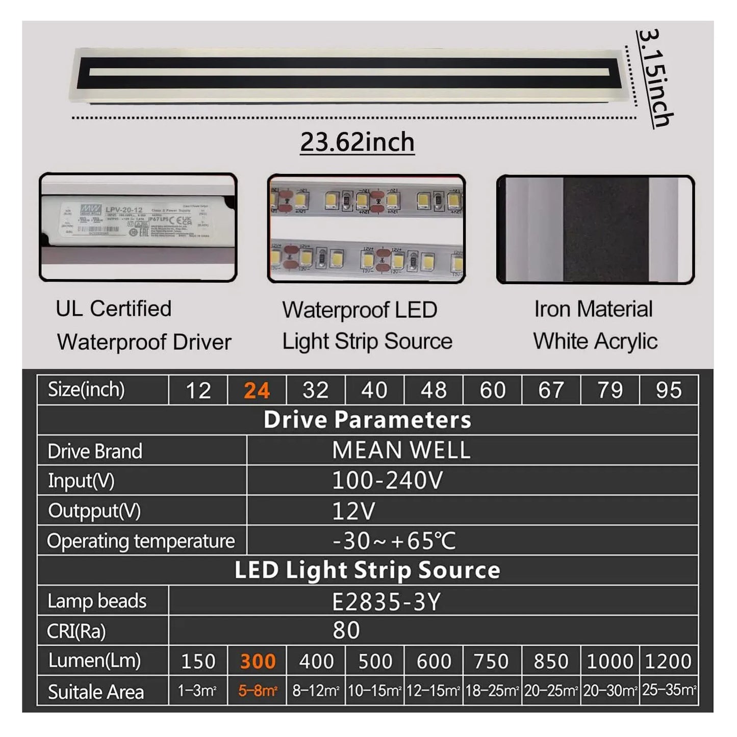 Outdoor Long Strip Frosted Acrylic LED Wall Sconce IP67