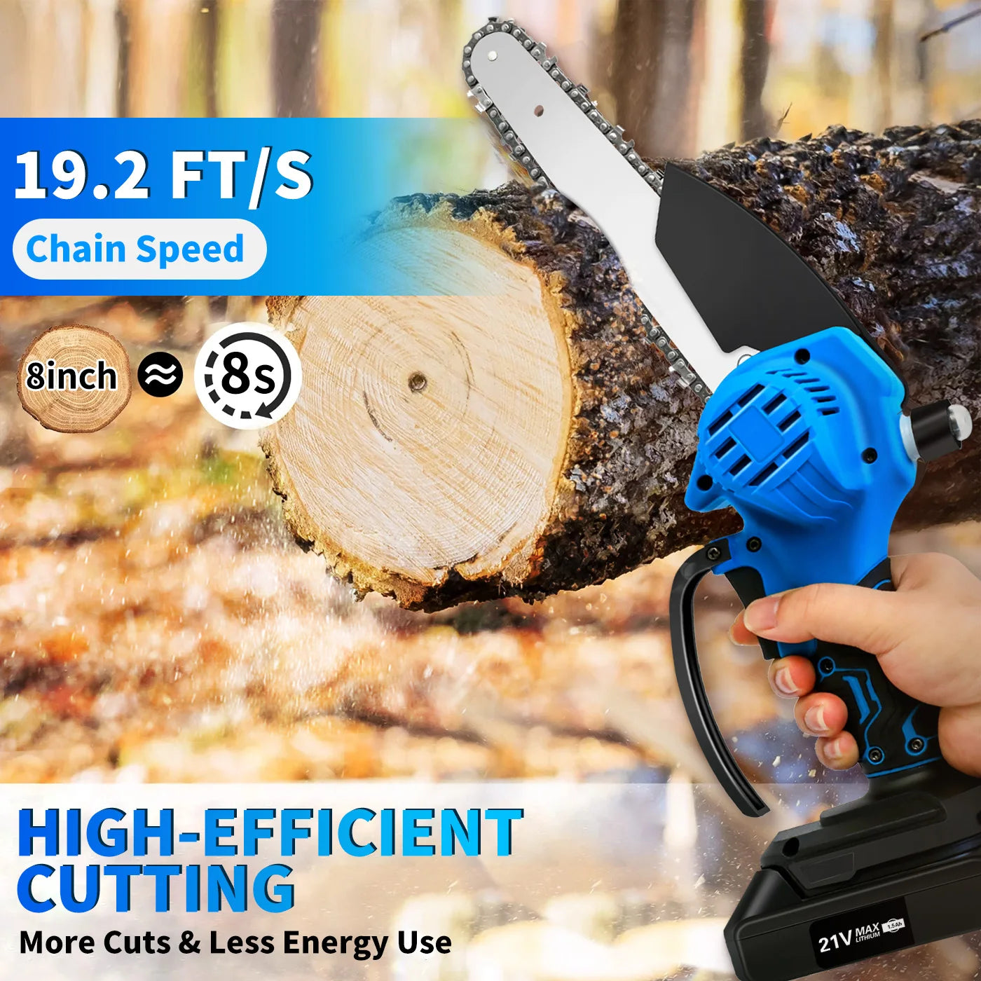 Chainsaw Handheld 8-inch Cordless Petrol Chain Saw Powerfull with2 Batteries 3 Chains for Wood Cutting Tree Trimming Camping