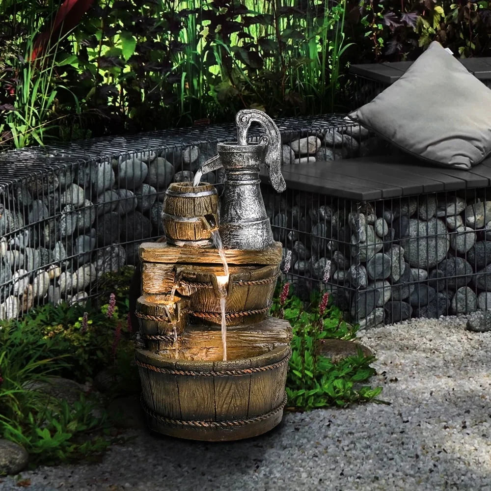 25.5 Inch 5 Tier Barrel Outdoor Fountain With LED Lights