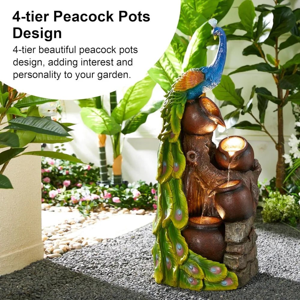 4-Tier Oversized Peacock Sculpture with Jars Outdoor Water Fountain with LED Light, Resin Peacock Statue Waterfall Fountain wit