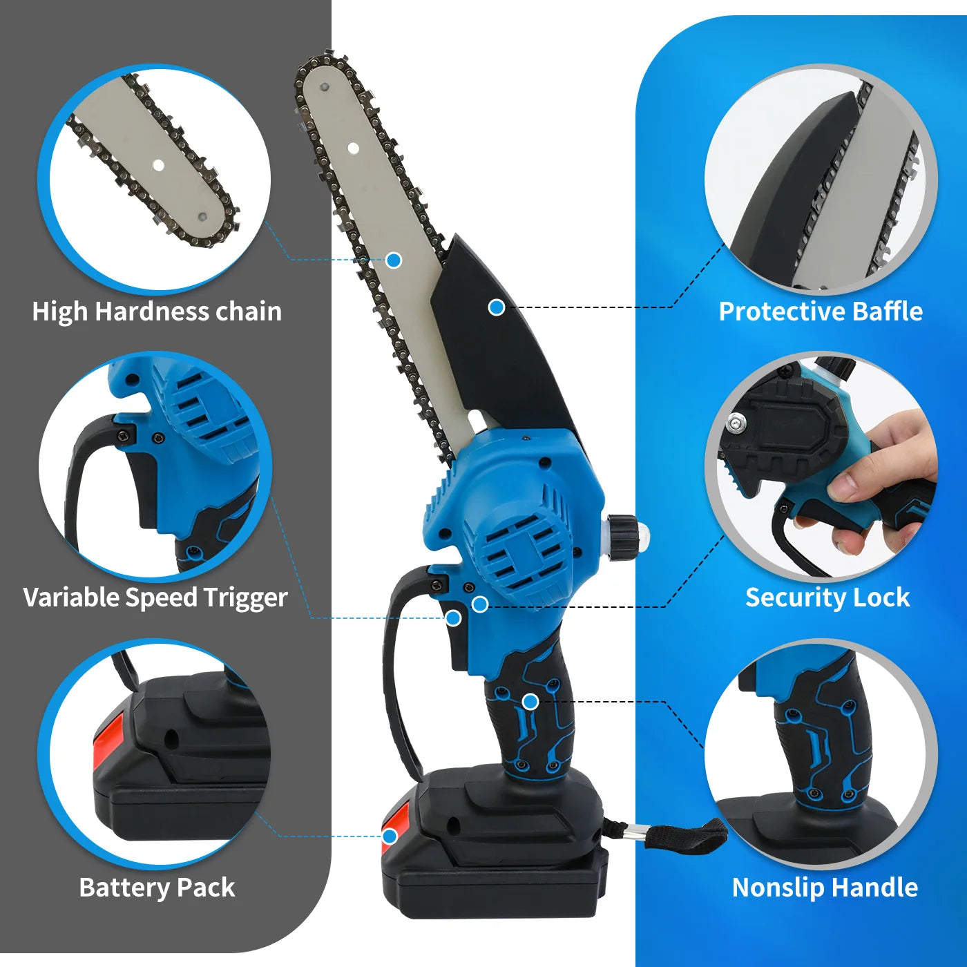 Chainsaw Handheld 8-inch Cordless Petrol Chain Saw Powerfull with2 Batteries 3 Chains for Wood Cutting Tree Trimming Camping