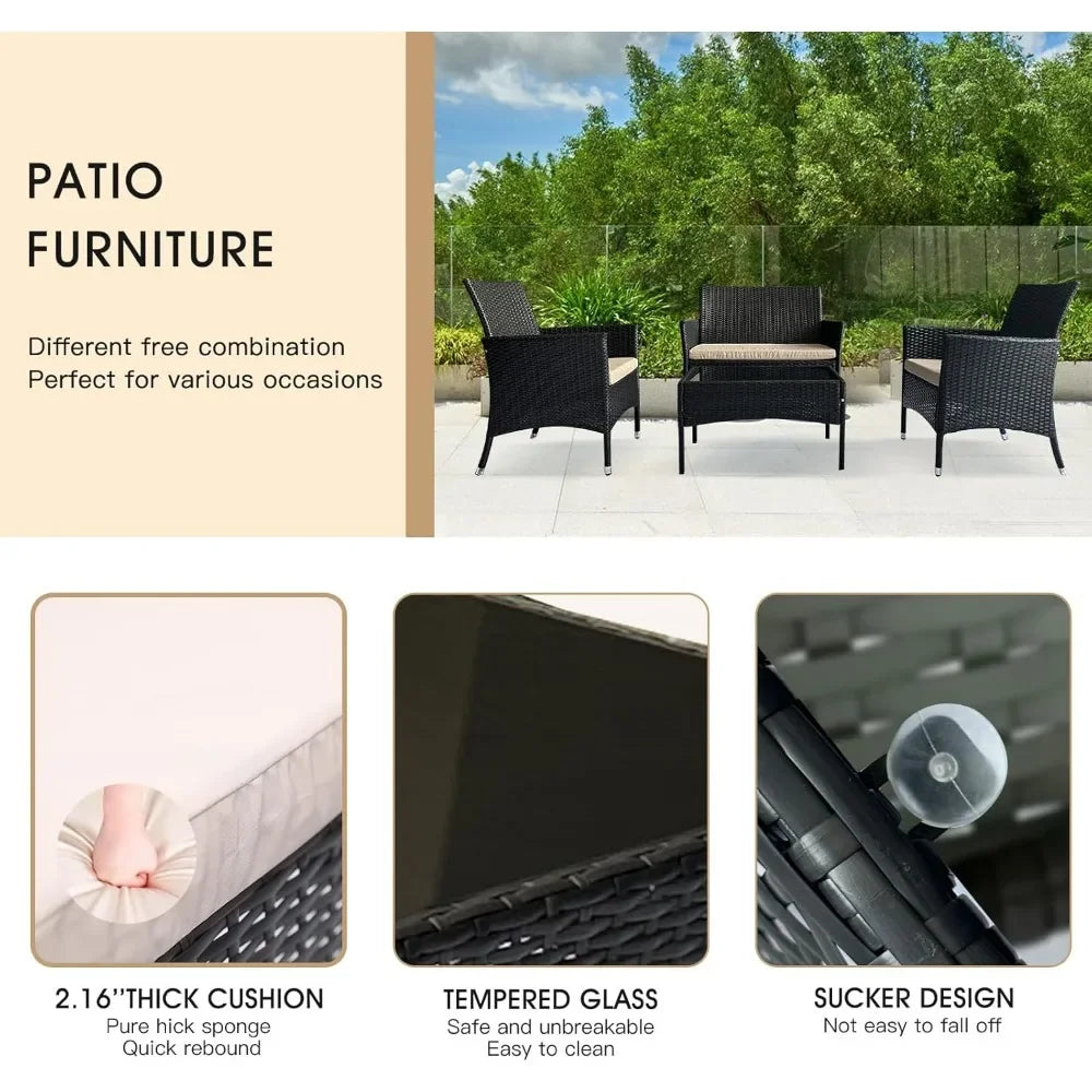 4 Piece Modern Patio Furniture Set Wicker Sofa Loveseat Armrest Chair and Rattan Side Table
