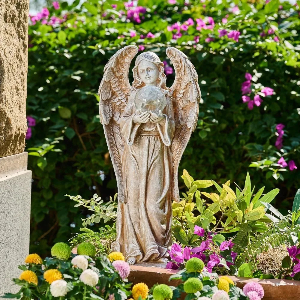 Large Angel Garden Statues with Solar Outdoor Light, Wing Yard Decor Lawn Ornament Gifts for Mom Christmas 22.8"