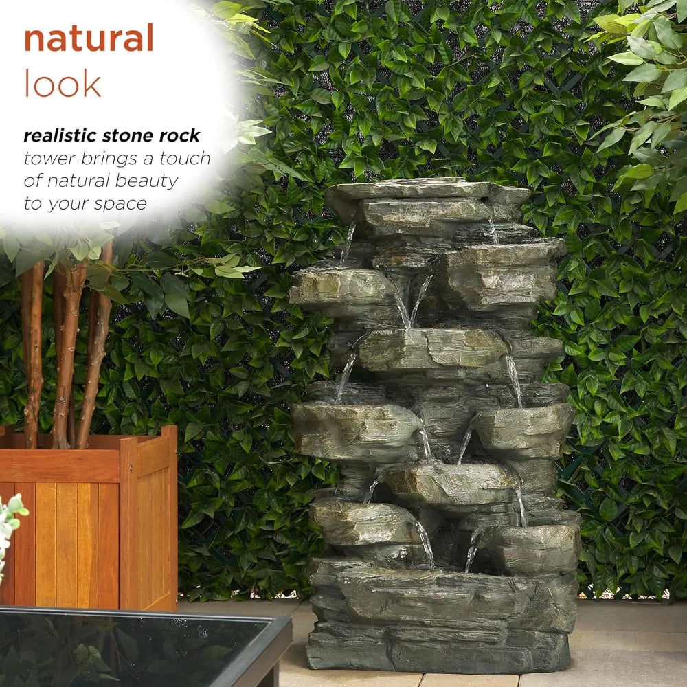 Outdoor Multitiered Cascading Rock Fountain With Led Lights