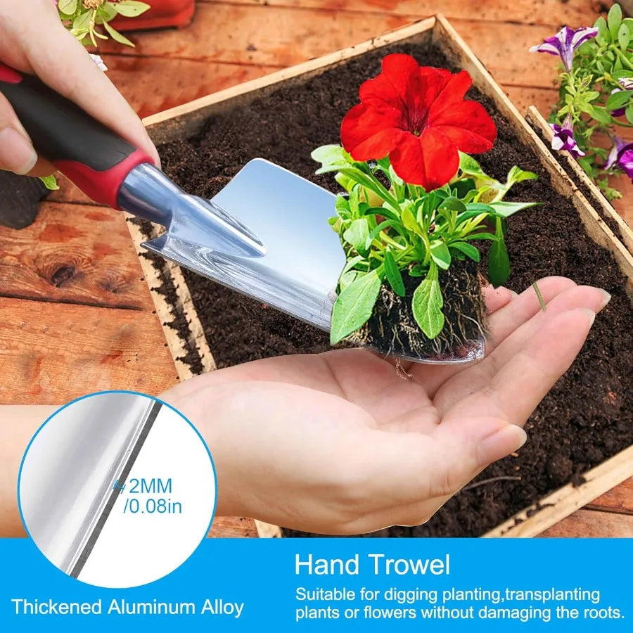 Garden Tool Set 3 Pieces Aluminum Heavy Gardening Kit Including Hand Shovel Transplant Shovel and Hand Rake with Soft Rubber No