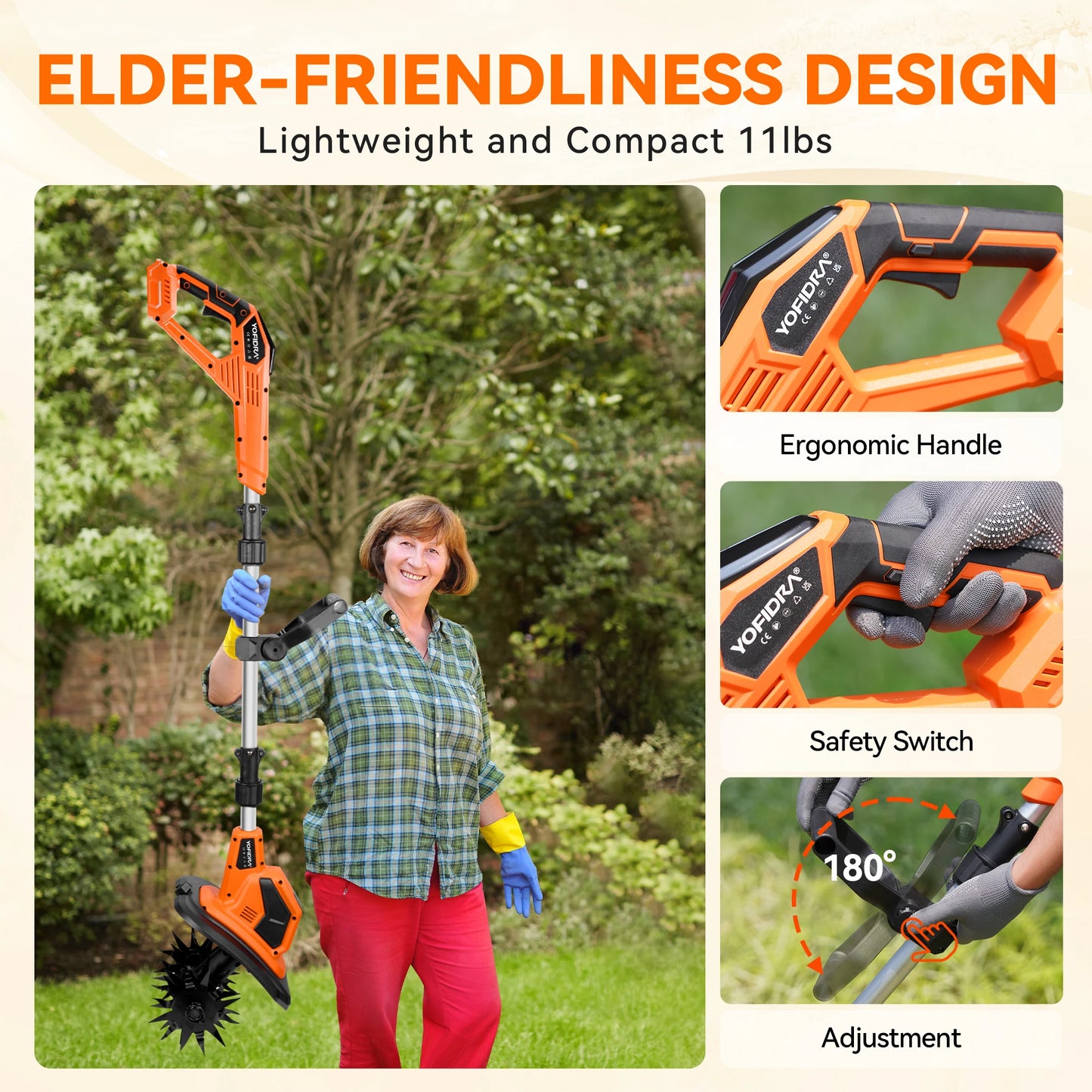 YOFIDRA Cordless Rotary Tiller Cultivator Garden Tool 21V