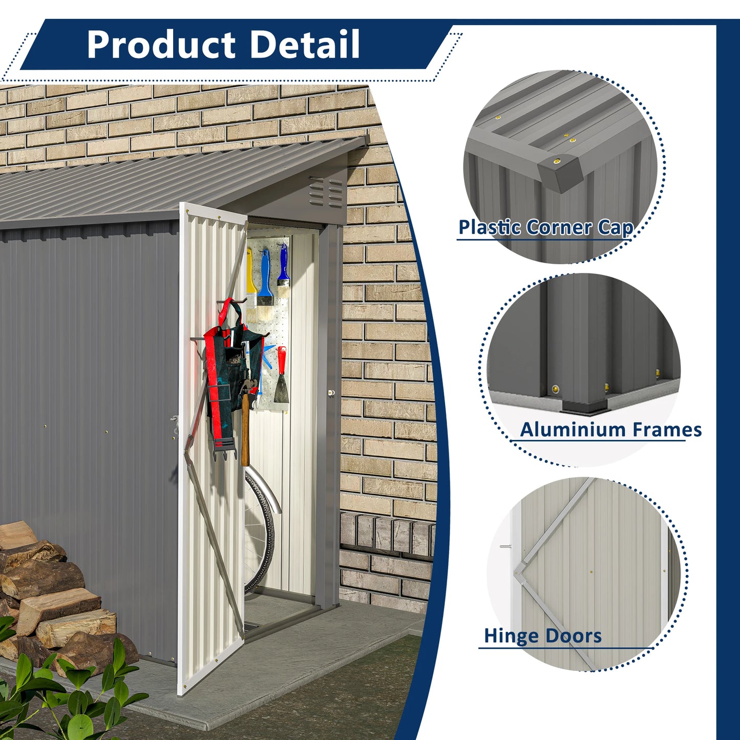 LZBEITEM 4 Feet x 8 Feet Metal Wall Side Storage Shed Outdoor Garden Storage Cabinet Grey