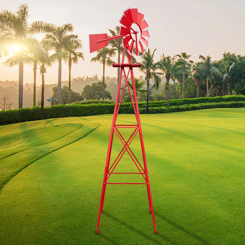 8FT Weather Resistant Yard Garden Windmill Red Decorative