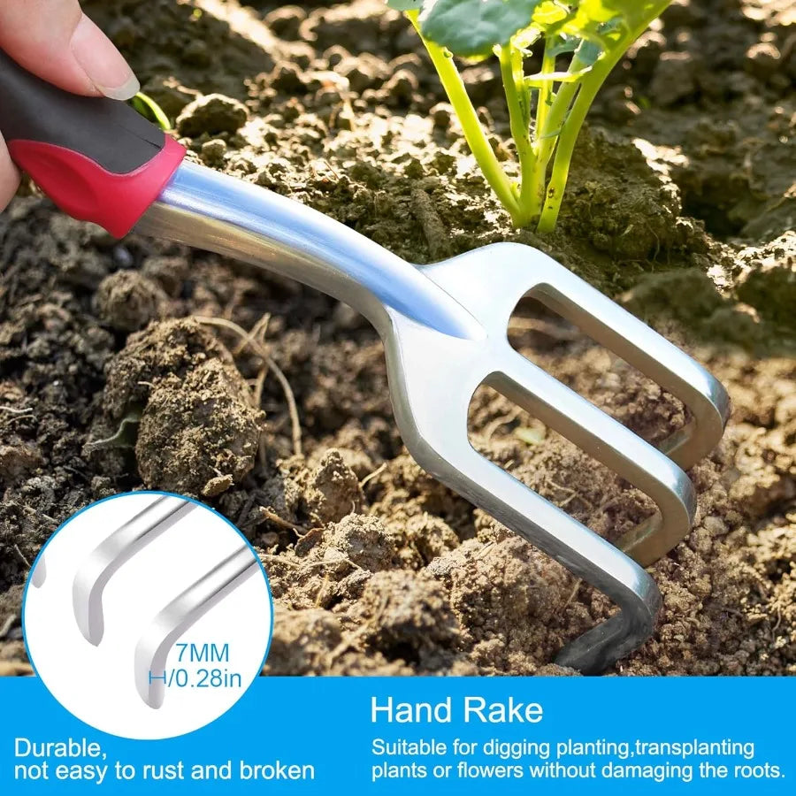 Garden Tool Set 3 Pieces Aluminum Heavy Gardening Kit Including Hand Shovel Transplant Shovel and Hand Rake with Soft Rubber No
