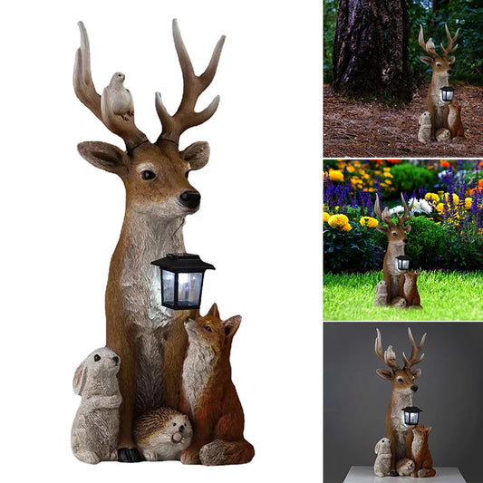 Deer Statue with Solar Light Hand Painted Animals Resin Ornament Outdoor Garden Courtyard Street Lighting Decoration