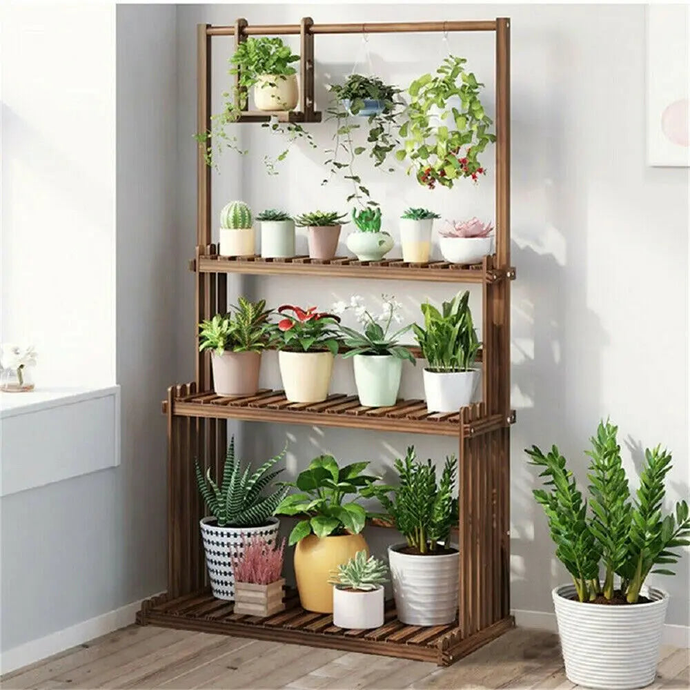 3 Tier Hanging Wood Plant Stand Planter Shelves Flower Pot Organizer Rack Multiple Display Holder Shelf Indoor Outdoor
