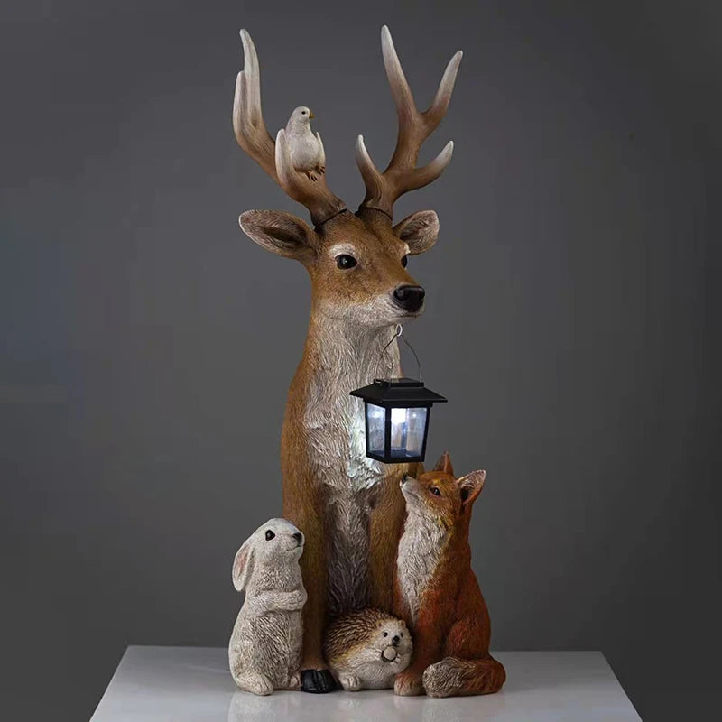 Deer Statue with Solar Light Hand Painted Animals Resin Ornament Outdoor Garden Courtyard Street Lighting Decoration