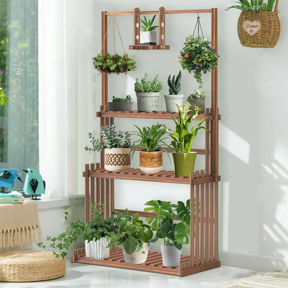 3 Tier Hanging Wood Plant Stand Planter Shelves Flower Pot Organizer Rack Multiple Display Holder Shelf Indoor Outdoor