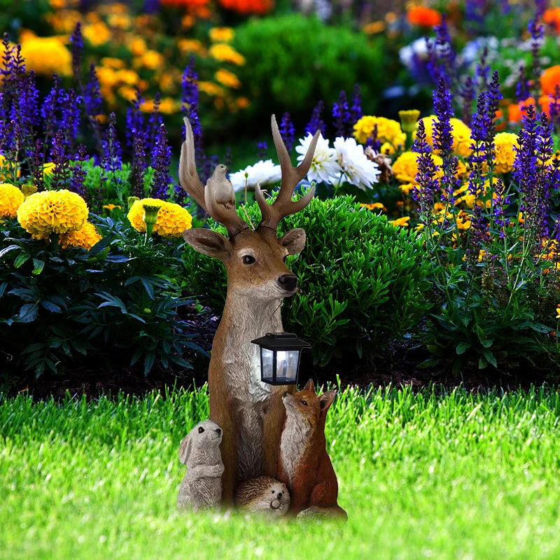Deer Statue with Solar Light Hand Painted Animals Resin Ornament Outdoor Garden Courtyard Street Lighting Decoration