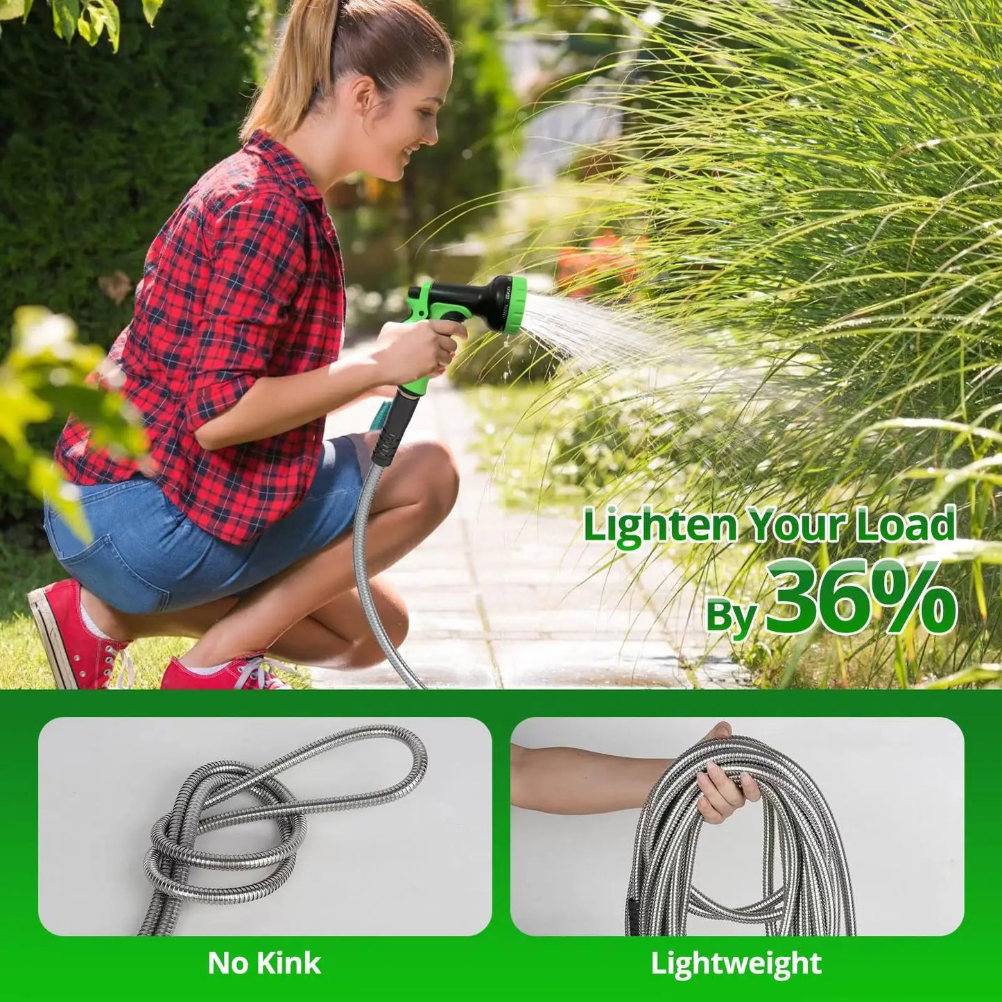 100FT 304 Stainless Steel Heavy Duty Garden Hose with Nozzles Flexible Never Kink and Tangle