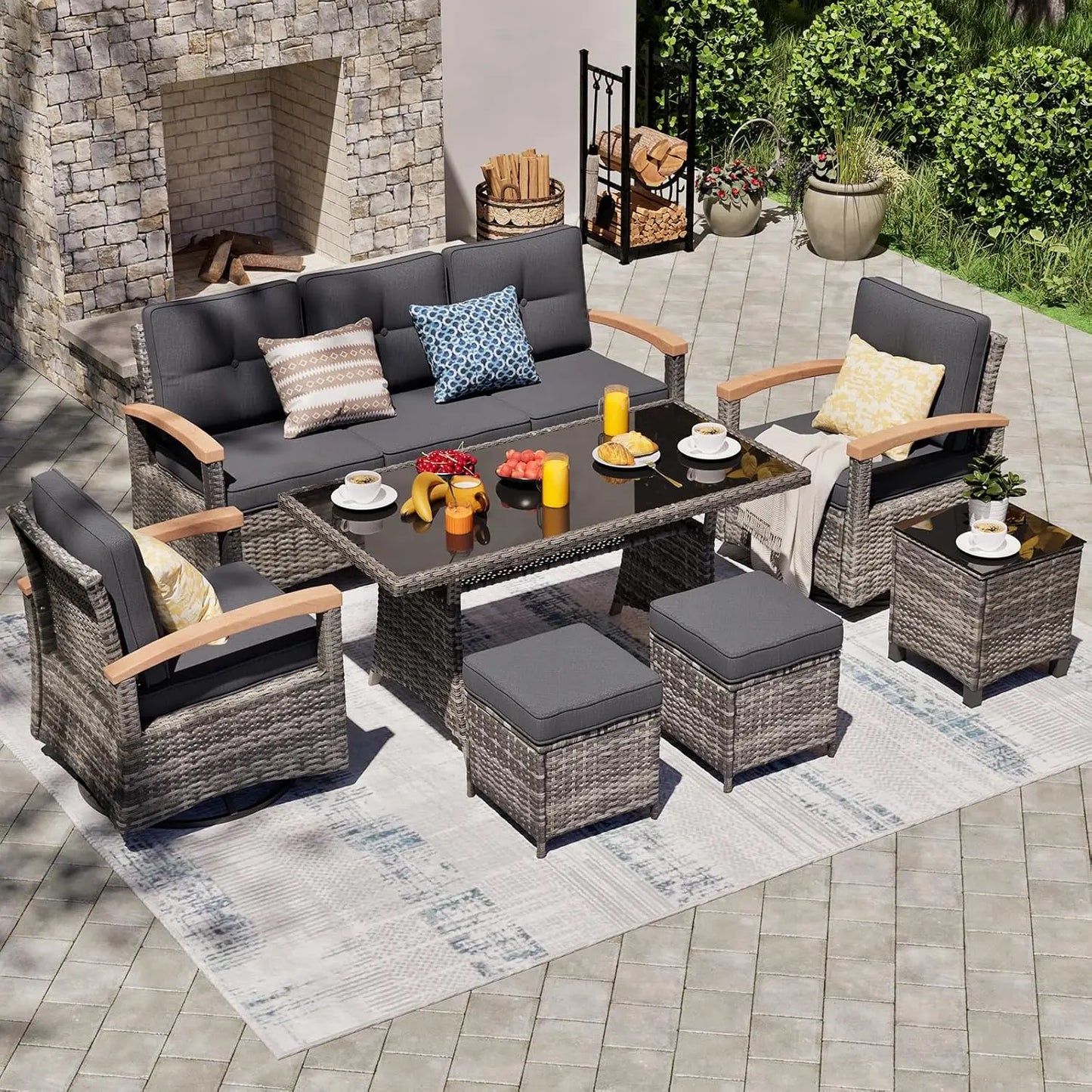 7 Pieces Patio Furniture Set PE Wicker Outdoor Conversation Set with 2 Swivel Rocker Chairs and Wood Armrests