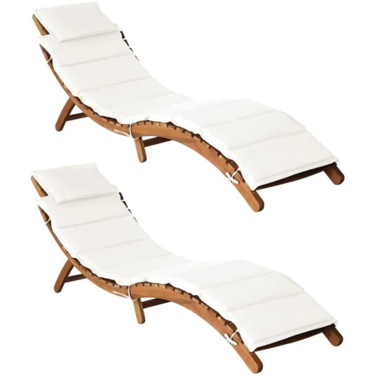 Sun Loungers with Cushions Modern Style Cream White Solid Acacia Hardwood Foldable and Portable Ideal for Garden Outdoor Use
