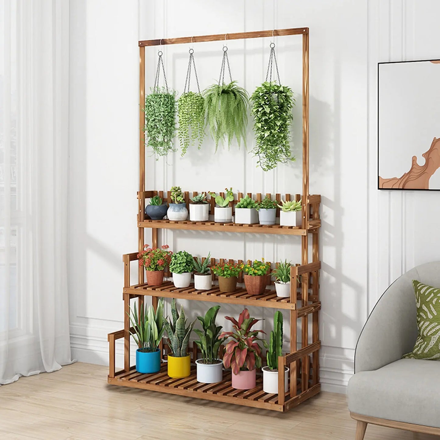 3 Tier Hanging Wood Plant Stand Planter Shelves Flower Pot Organizer Rack Multiple Display Holder Shelf Indoor Outdoor