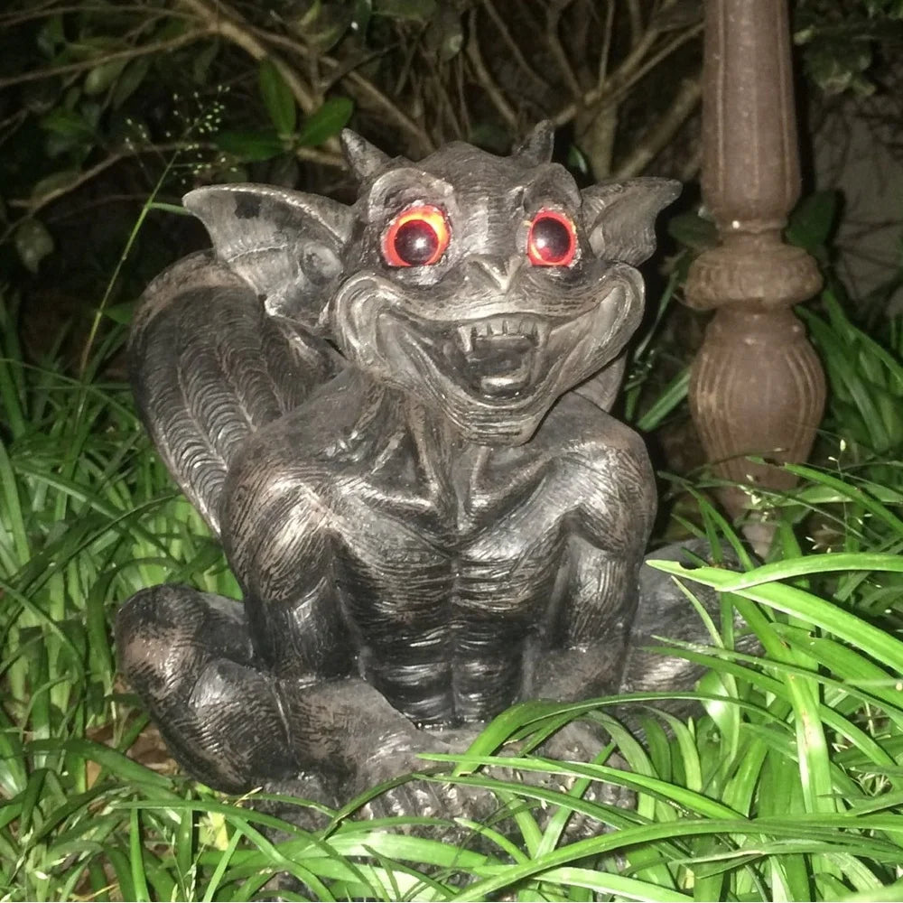 Gargoyle Statue with Solar Red Eyes Outdoor Decor Weatherproof Resin Garden Sculpture Collectible Family Piece