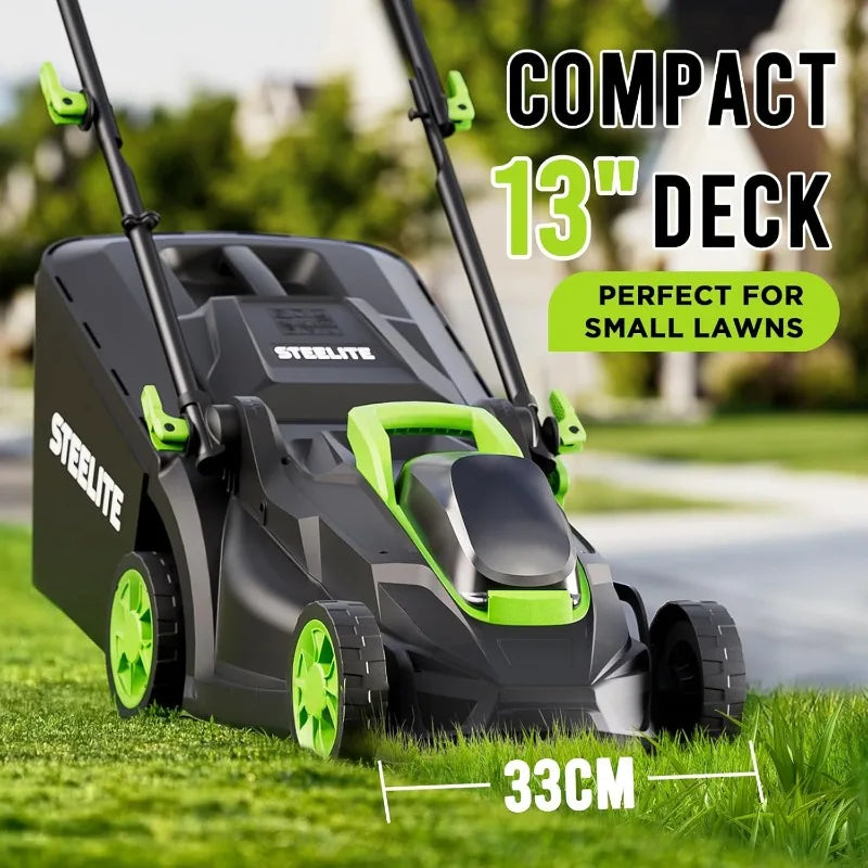 STEELITE 13-Inch Cordless Lawn Mower, 21V 4.0Ah Electric Mower with Brushless Motor, 5-Position Height Adjustment, Lightweight