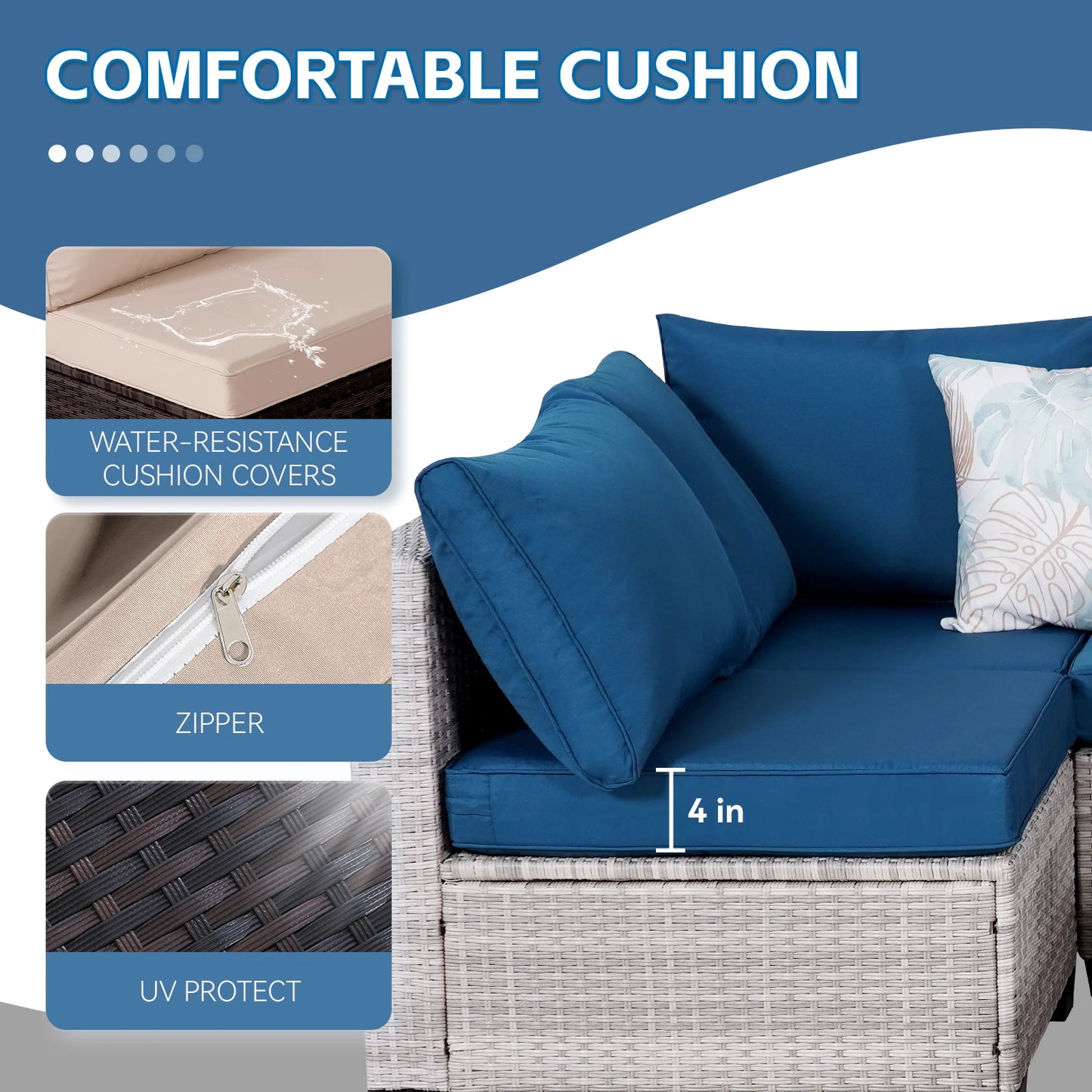 Naga Bahna 7 Piece Outdoor Patio Furniture Sectional Sofa PE Rattan Wicker Conversation Set with Thick Cushions