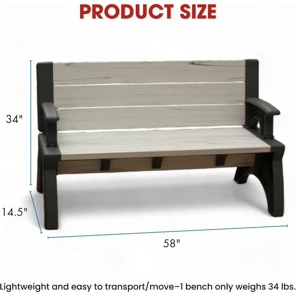 2 in 1 Outdoor Bench and Picnic Table Foldable Weather Resistant Seating for Patio Lawn Garden or Deck Durable Vinyl Construction