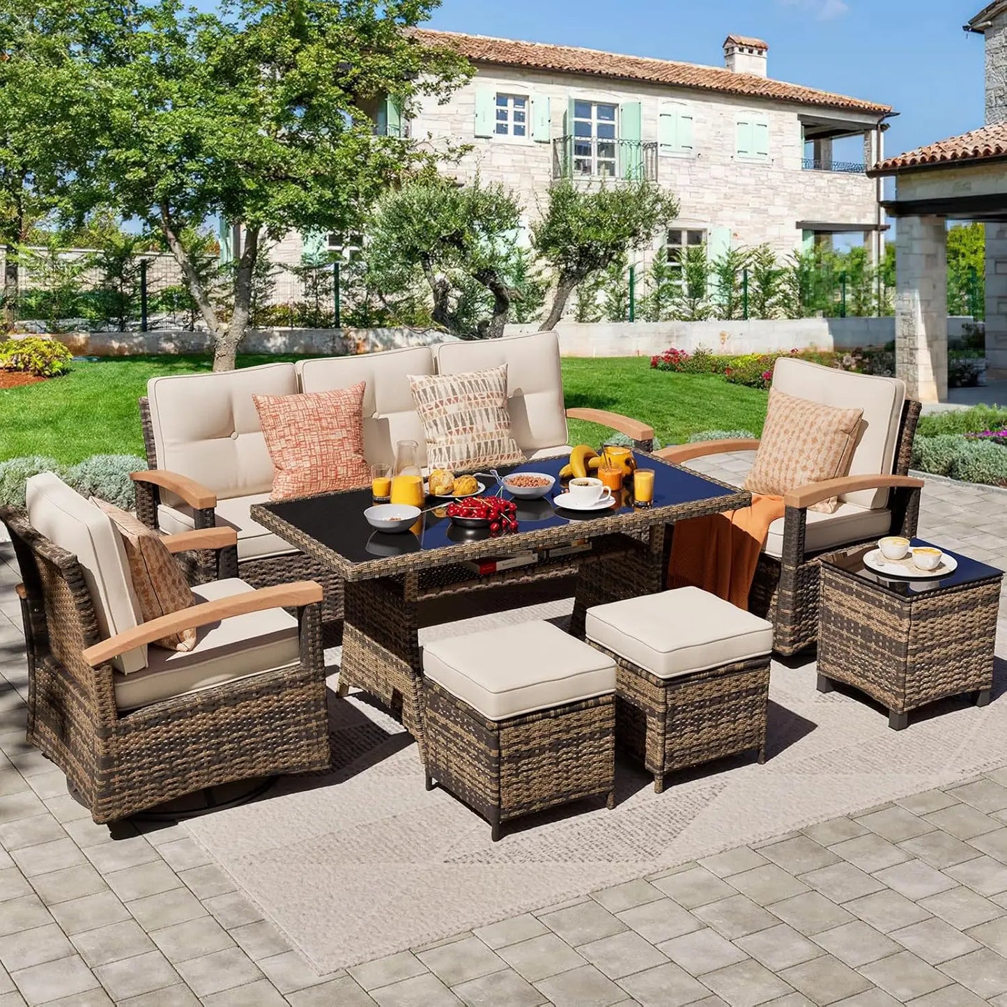 7 Pieces Patio Furniture Set PE Wicker Outdoor Conversation Set with 2 Swivel Rocker Chairs and Wood Armrests