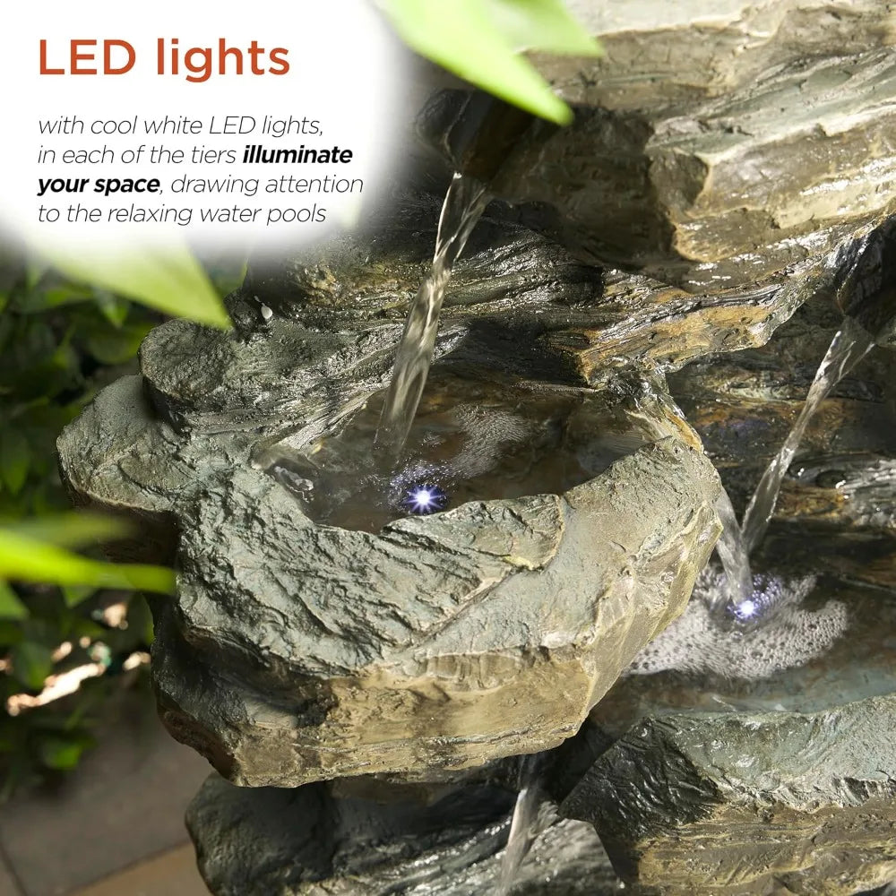 Outdoor Multitiered Cascading Rock Fountain With Led Lights