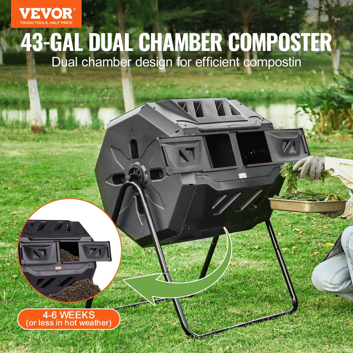 SucceBuy 43 Gal Tumbling Composter Dual Chamber Garden Bin