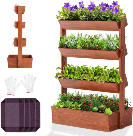 4 Tier Vertical Wooden Raised Garden Bed Planter Tower