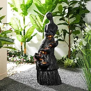 4-Tier Oversized Peacock Sculpture with Jars Outdoor Water Fountain with LED Light, Resin Peacock Statue Waterfall Fountain wit