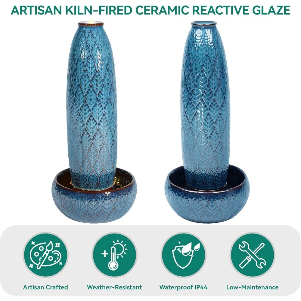 39 Inch Tall Outdoor Fountain With Led Lights Ceramic Vase