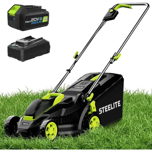 STEELITE 13-Inch Cordless Lawn Mower, 21V 4.0Ah Electric Mower with Brushless Motor, 5-Position Height Adjustment, Lightweight