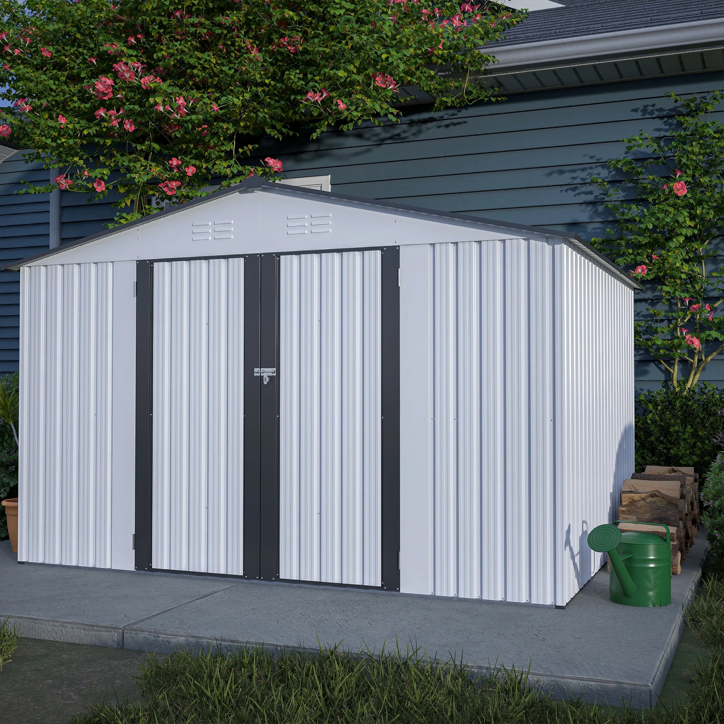 LZBEITEM 10x8 Ft Outdoor Metal Storage Shed Lockable Doors