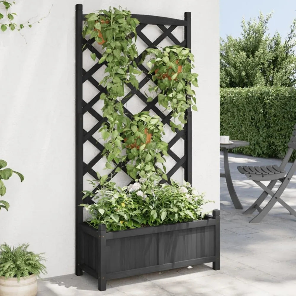 VidaXL Raised Flower Box with Trellis Black Solid Fir Wood Outdoor Planter for Garden Patio Balcony Spacious Rectangular Garden Container