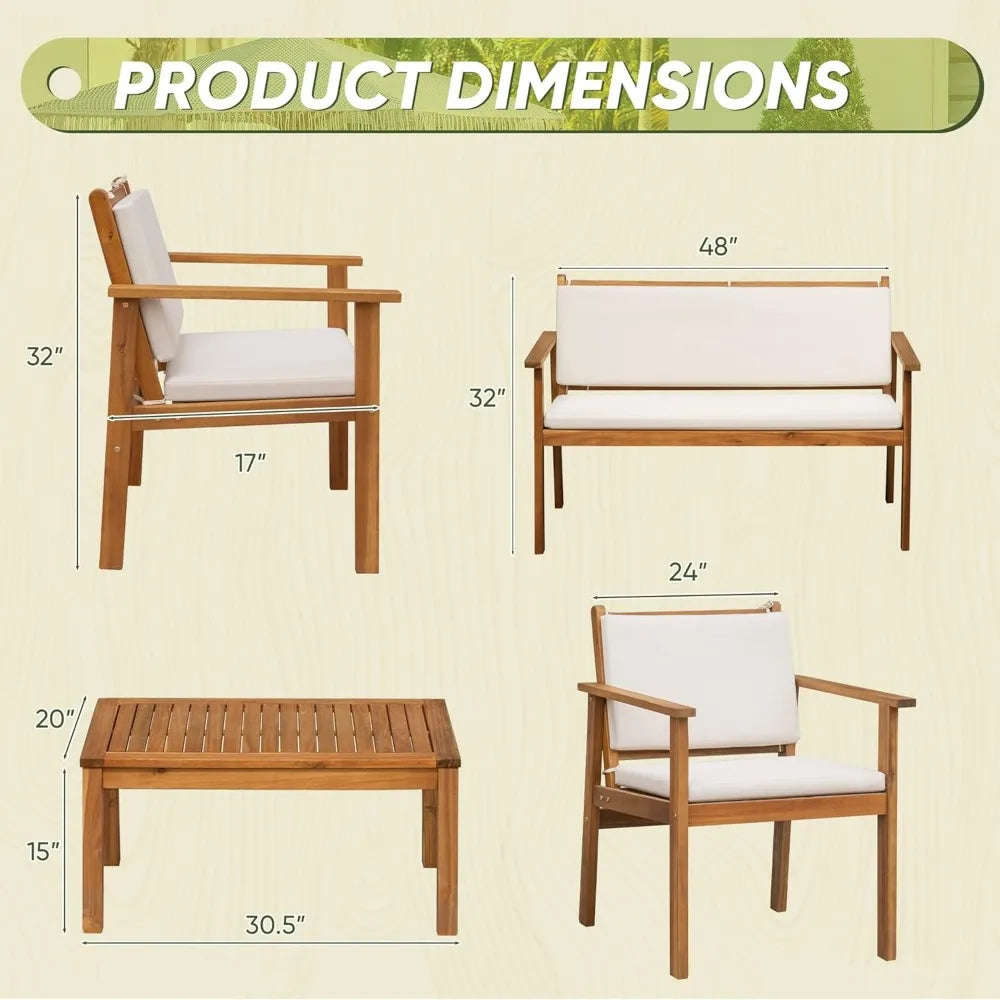 Patio Furniture 4 Piece Outdoor Acacia Wood Conversation Sofa Set with Table and Cushions for Deck and Balcony