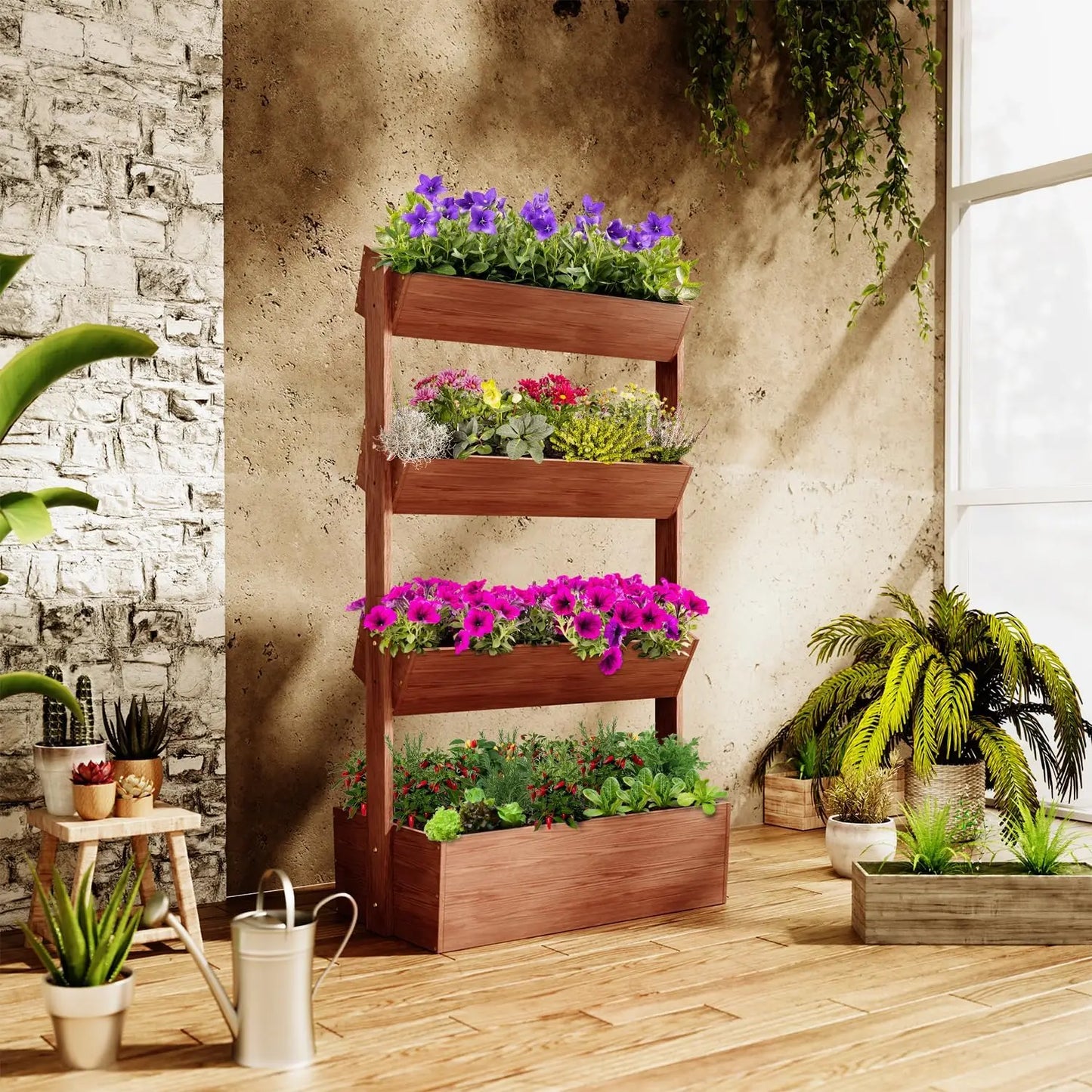 4 Tier Vertical Wooden Raised Garden Bed Planter Tower